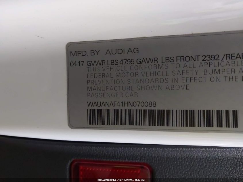 2017 Audi A4 2.0T Premium VIN: WAUANAF41HN070088 Lot: 43949244