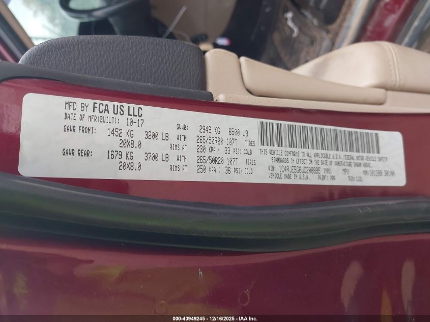 2018 Jeep Grand Cherokee Limited 4X2 VIN: 1C4RJEBG6JC208895 Lot: 43949245