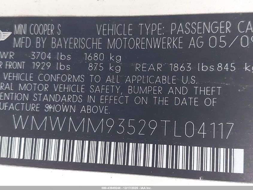 2009 Mini John Cooper Works Clubman VIN: WMWMM93529TL04117 Lot: 43949246