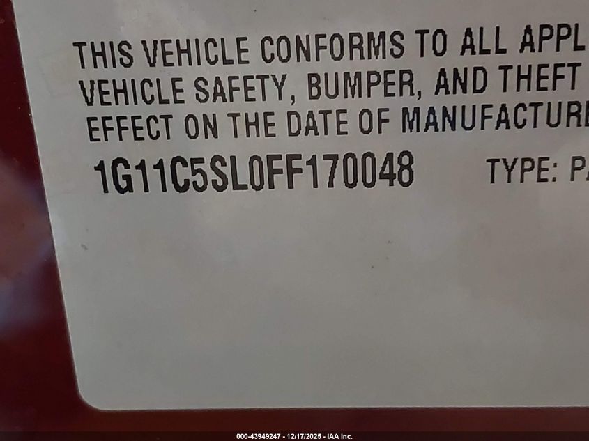 2015 Chevrolet Malibu 1Lt VIN: 1G11C5SL0FF170048 Lot: 43949247