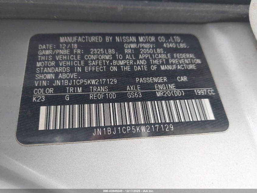 2019 Nissan Rogue Sport S VIN: JN1BJ1CP5KW217129 Lot: 43949249