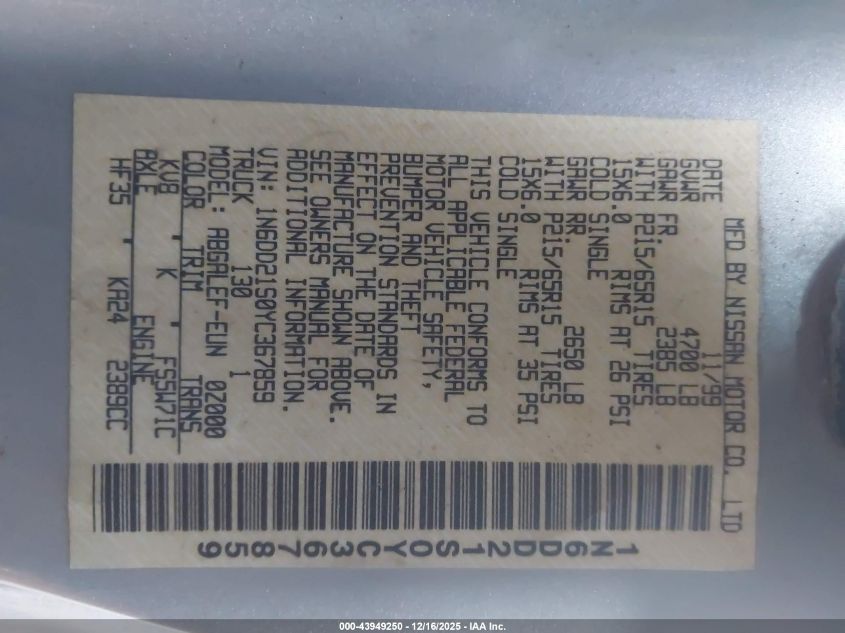 2000 Nissan Frontier Xe VIN: 1N6DD21S0YC367859 Lot: 43949250