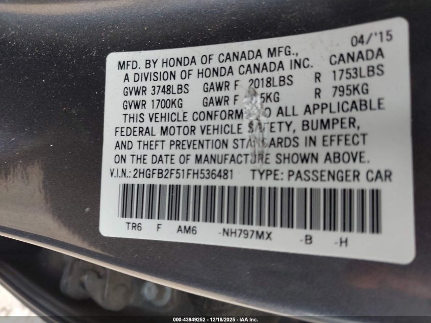 2015 Honda Civic Lx VIN: 2HGFB2F51FH536481 Lot: 43949252