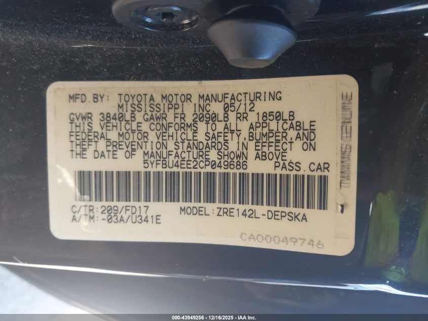 2012 Toyota Corolla S VIN: 5YFBU4EE2CP049686 Lot: 43949256