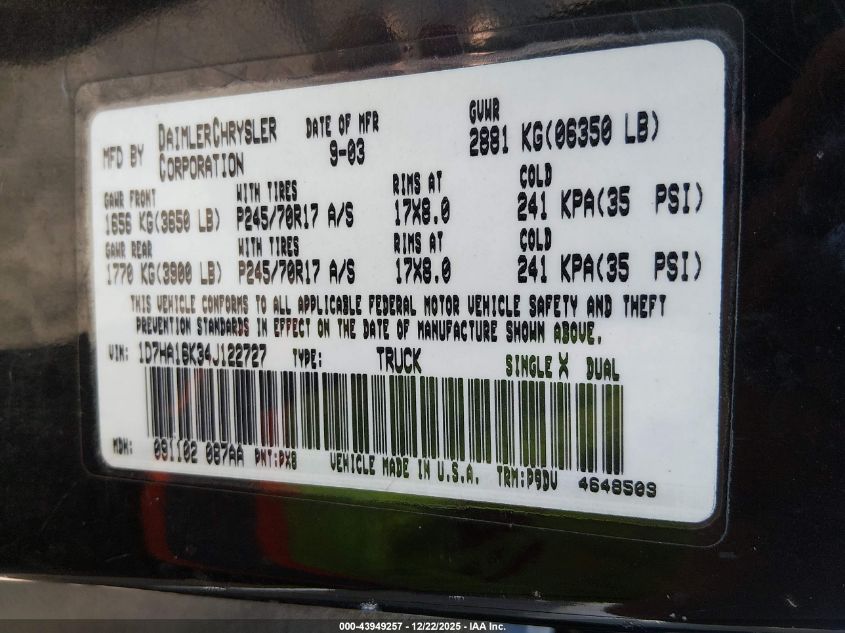 2004 Dodge Ram 1500 St VIN: 1D7HA16K34J122727 Lot: 43949257