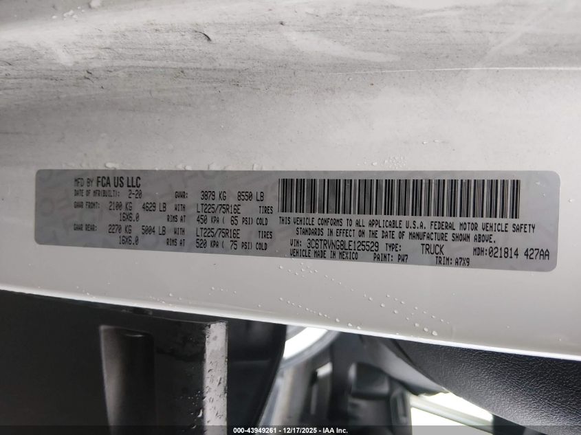 2020 Ram Promaster 1500 Low Roof 118 Wb VIN: 3C6TRVNG8LE125529 Lot: 43949261