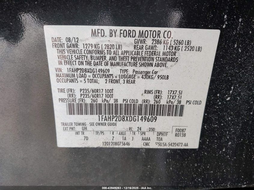 2013 Ford Taurus Se VIN: 1FAHP2D8XDG149609 Lot: 43949263