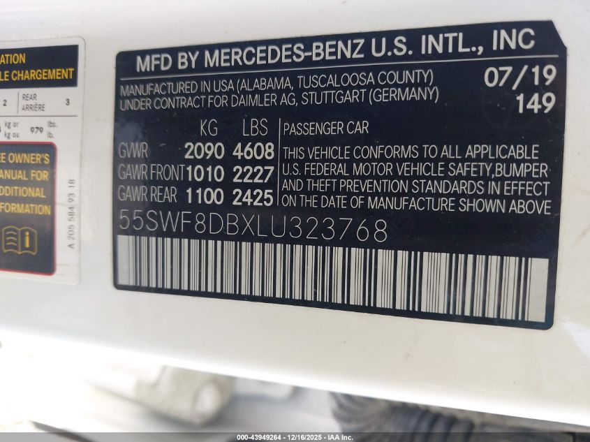 2020 Mercedes-Benz C 300 VIN: 55SWF8DBXLU323768 Lot: 43949264