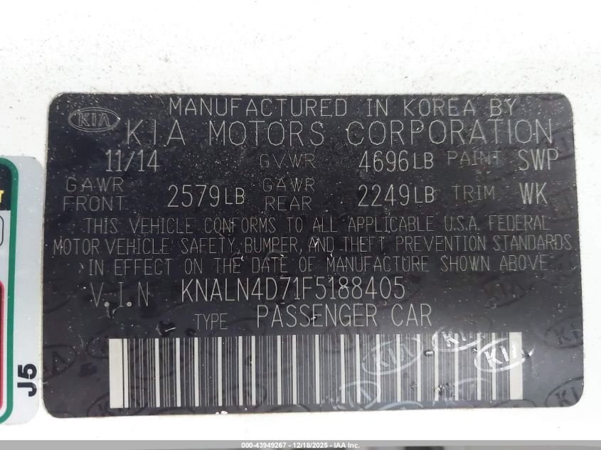 2015 Kia Cadenza Premium VIN: KNALN4D71F5188405 Lot: 43949267