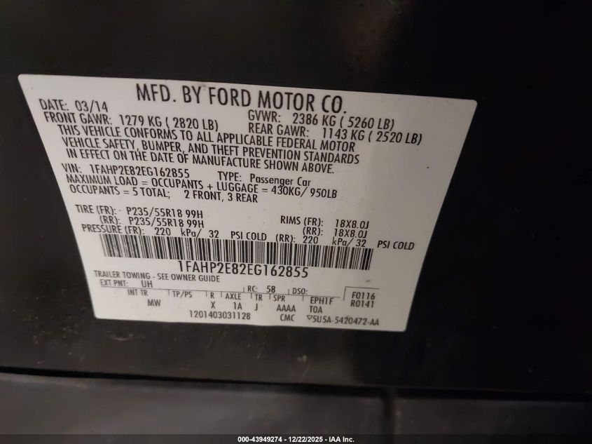 2014 Ford Taurus Sel VIN: 1FAHP2E82EG162855 Lot: 43949274