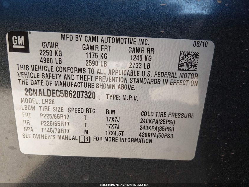 2011 Chevrolet Equinox 1Lt VIN: 2CNALDEC5B6207320 Lot: 43949278