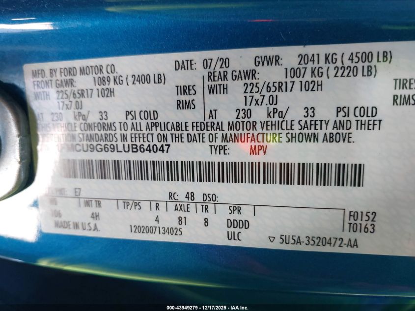 2020 Ford Escape Se VIN: 1FMCU9G69LUB64047 Lot: 43949279