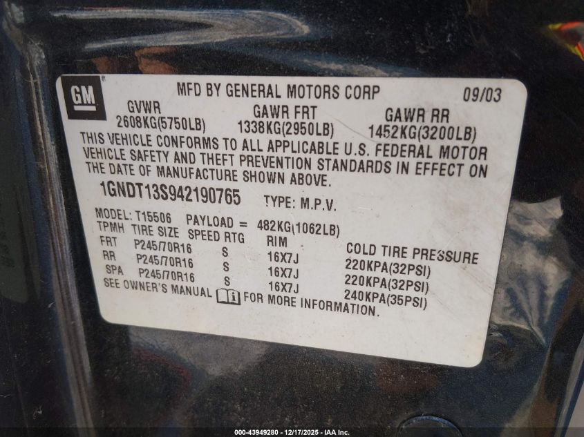 2004 Chevrolet Trailblazer Ls VIN: 1GNDT13S942190765 Lot: 43949280