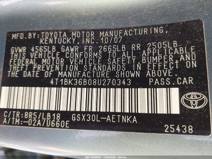 2008 Toyota Avalon Limited/Touring/Xl/Xls VIN: 4T1BK36B084270343 Lot: 43949282