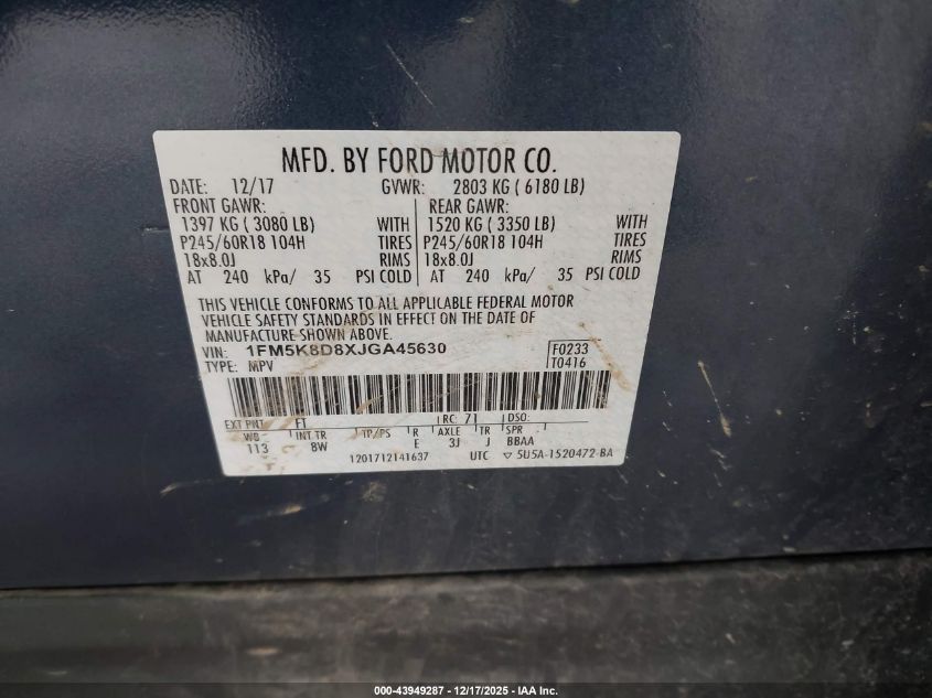 2018 Ford Explorer Xlt VIN: 1FM5K8D8XJGA45630 Lot: 43949287