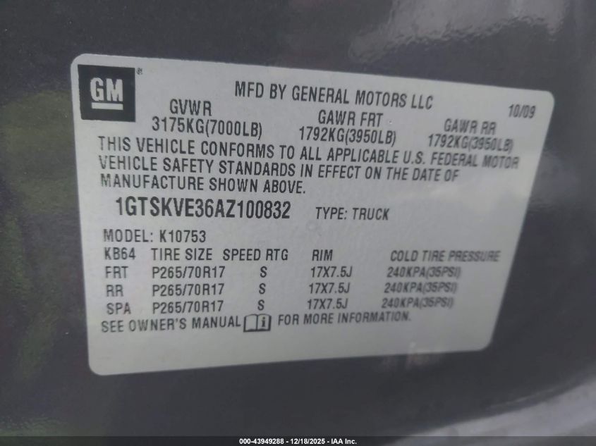 2010 GMC Sierra 1500 Sle VIN: 1GTSKVE36AZ100832 Lot: 43949288
