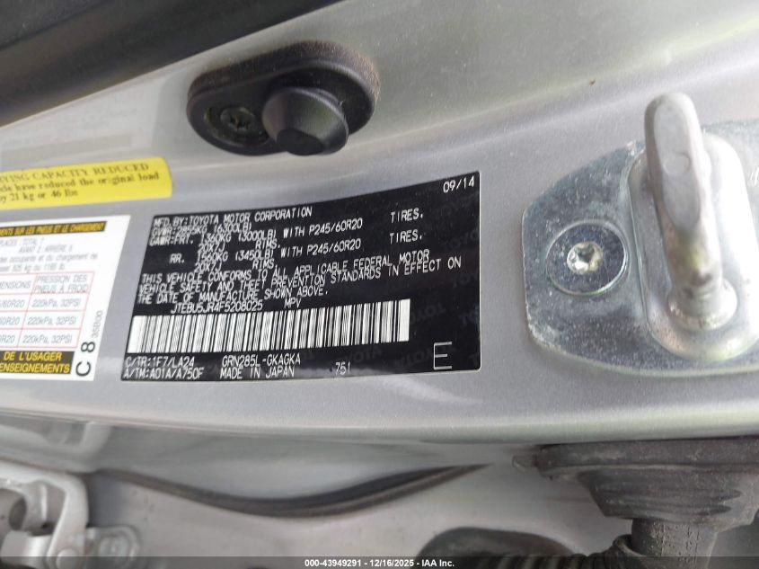 2015 Toyota 4Runner Limited VIN: JTEBU5JR4F5208025 Lot: 43949291