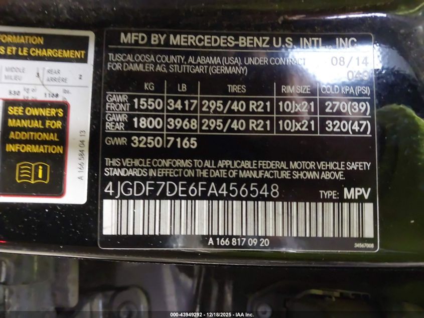 2015 Mercedes-Benz Gl 550 4Matic VIN: 4JGDF7DE6FA456548 Lot: 43949292