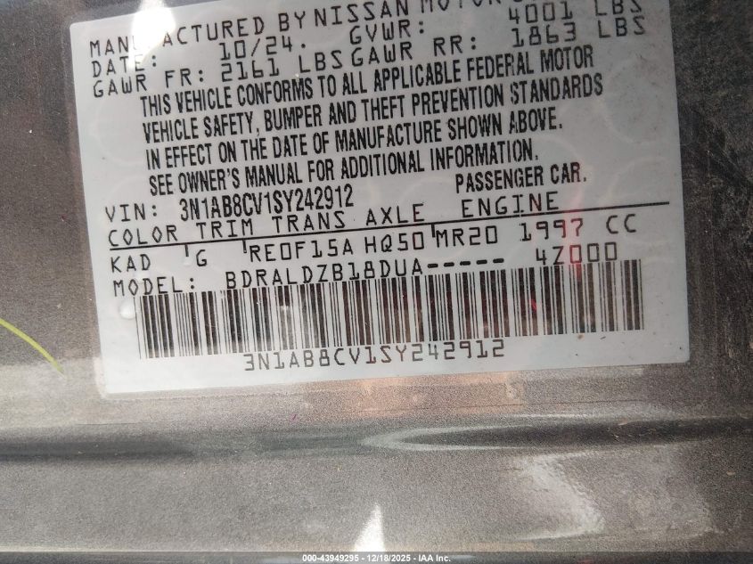 2025 Nissan Sentra Sv VIN: 3N1AB8CV1SY242912 Lot: 43949295