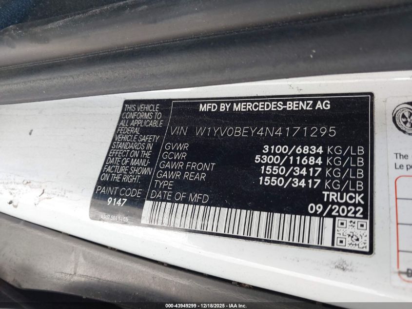 2022 Mercedes-Benz Metris VIN: W1YV0BEY4N4171295 Lot: 43949299
