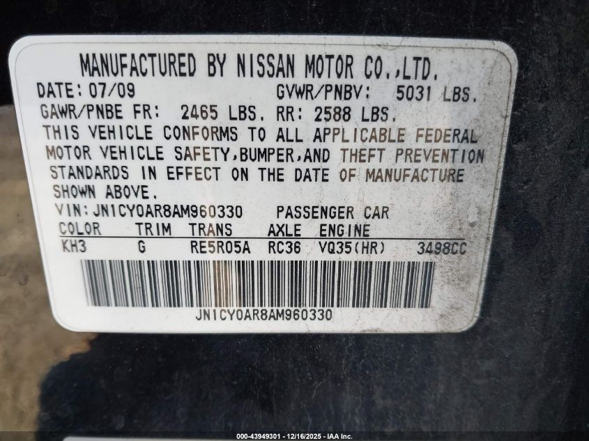 2010 Infiniti M35X VIN: JN1CY0AR8AM960330 Lot: 43949301