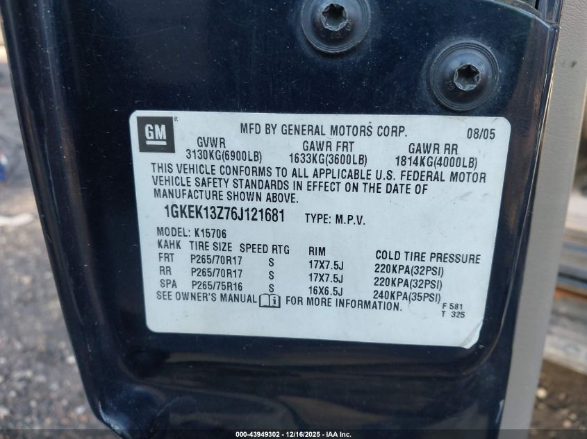 2006 GMC Yukon Slt VIN: 1GKEK13Z76J121681 Lot: 43949302