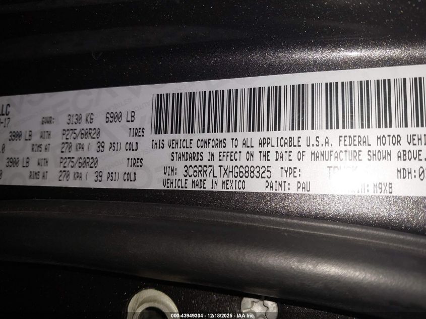 2017 Ram 1500 Big Horn 4X4 5'7 Box VIN: 3C6RR7LTXHG688325 Lot: 43949304