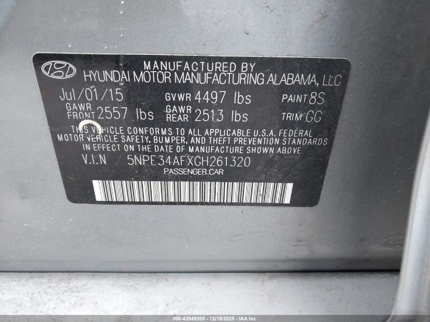 2016 Hyundai Sonata Sport VIN: 5NPE34AFXGH261320 Lot: 43949305