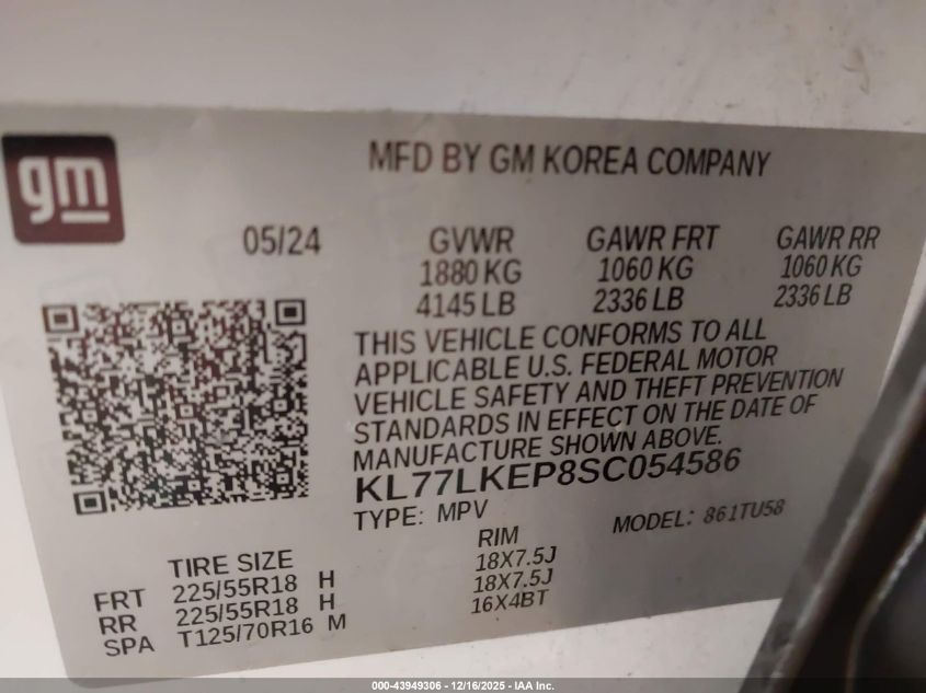 2025 Chevrolet Trax Fwd Activ VIN: KL77LKEP8SC054586 Lot: 43949306