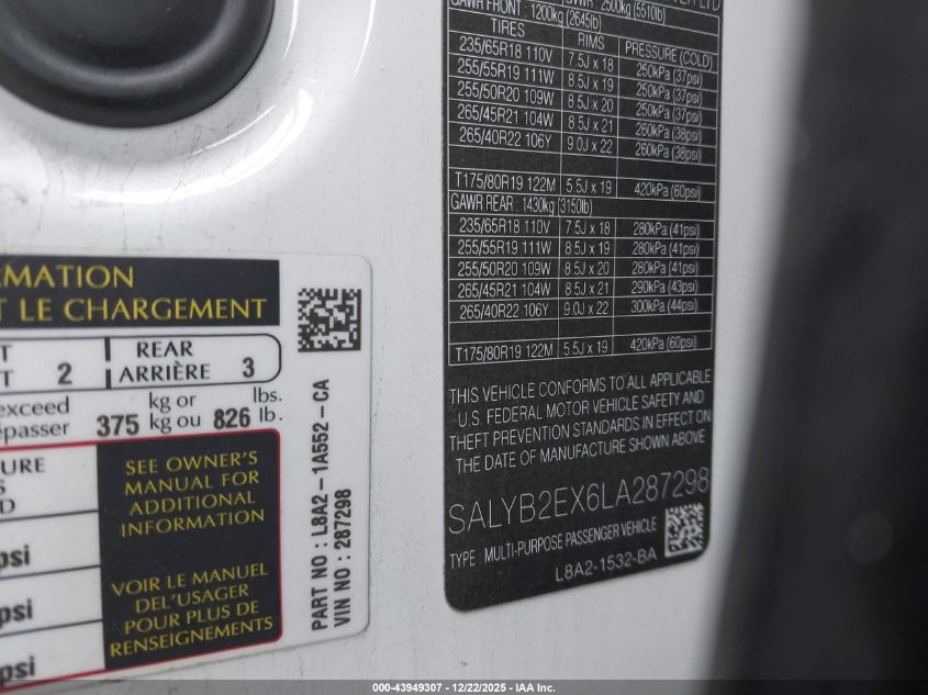 2020 Land Rover Range Rover Velar P250 S VIN: SALYB2EX6LA287298 Lot: 43949307