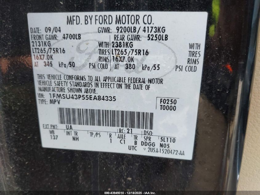 2005 Ford Excursion Limited VIN: 1FMSU43P55EA84335 Lot: 43949310