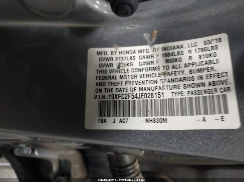 2018 Honda Civic Lx VIN: 19XFC2F54JE028151 Lot: 43949311