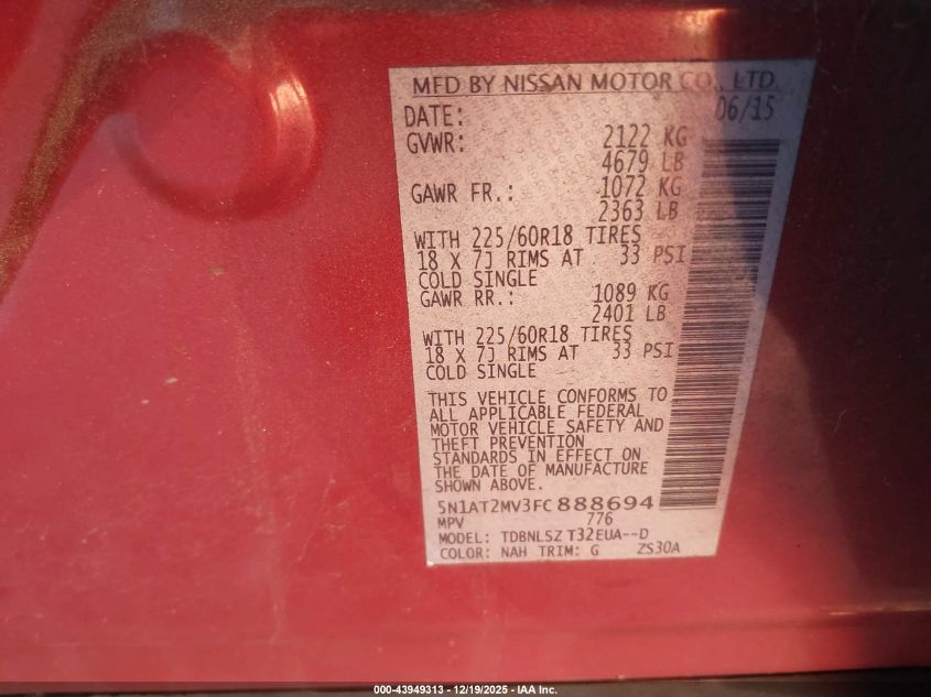 2015 Nissan Rogue Sl VIN: 5N1AT2MV3FC888694 Lot: 43949313