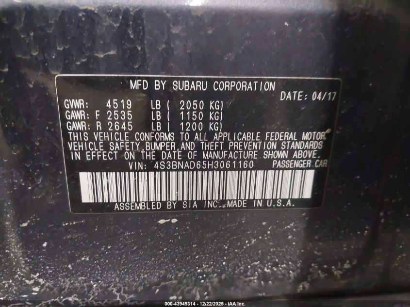 2017 Subaru Legacy 2.5I Premium VIN: 4S3BNAD65H3061160 Lot: 43949314
