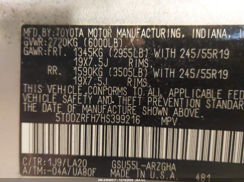 2017 Toyota Highlander Limited Platinum VIN: 5TDDZRFH7HS399216 Lot: 43949317