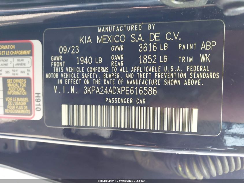 2023 Kia Rio Lx VIN: 3KPA24ADXPE616586 Lot: 43949316