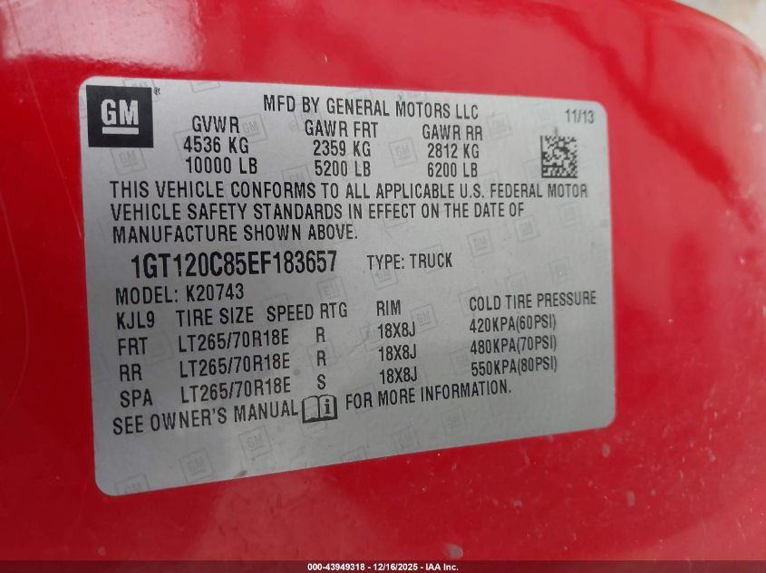 2014 GMC Sierra 2500Hd Sle VIN: 1GT120C85EF183657 Lot: 43949318