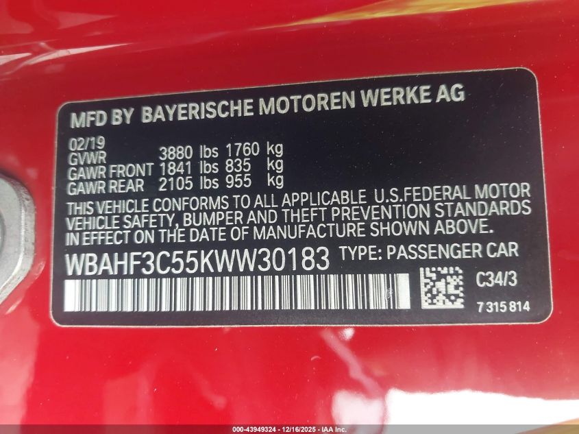 2019 BMW Z4 Sdrive30I VIN: WBAHF3C55KWW30183 Lot: 43949324