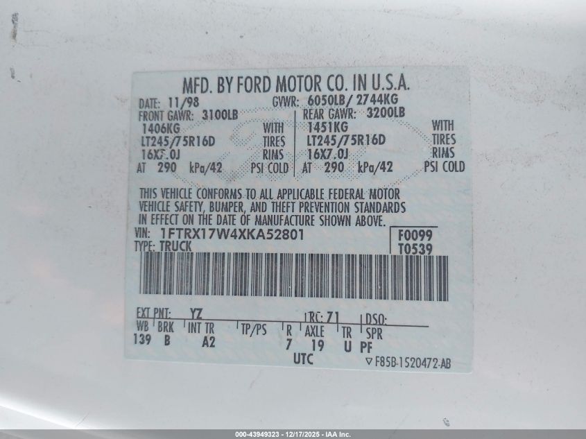 1999 Ford F-150 Lariat/Work Series/Xl/Xlt VIN: 1FTRX17W4XKA52801 Lot: 43949323