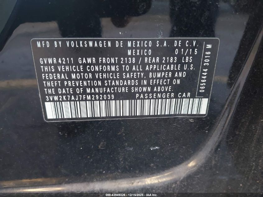 2015 Volkswagen Jetta 2.0L S VIN: 3VW2K7AJ7FM292039 Lot: 43949326