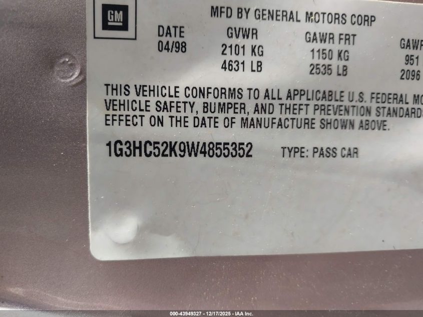 1998 Oldsmobile Regency VIN: 1G3HC52K9W4855352 Lot: 43949327