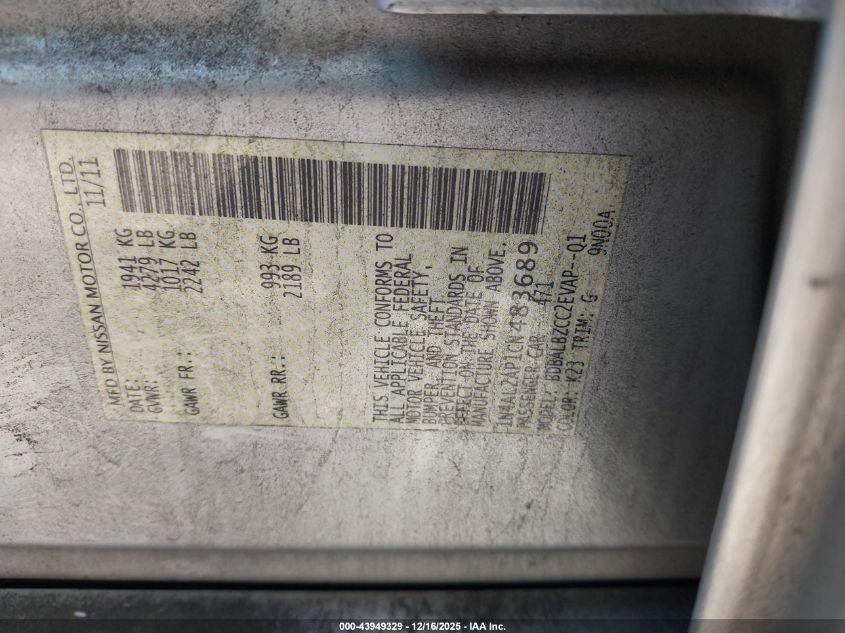 2012 Nissan Altima 2.5 S VIN: 1N4AL2AP1CN483689 Lot: 43949329