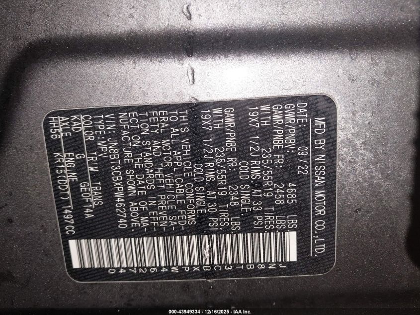 2023 Nissan Rogue Sl Intelligent Awd VIN: JN8BT3CBXPW462740 Lot: 43949334