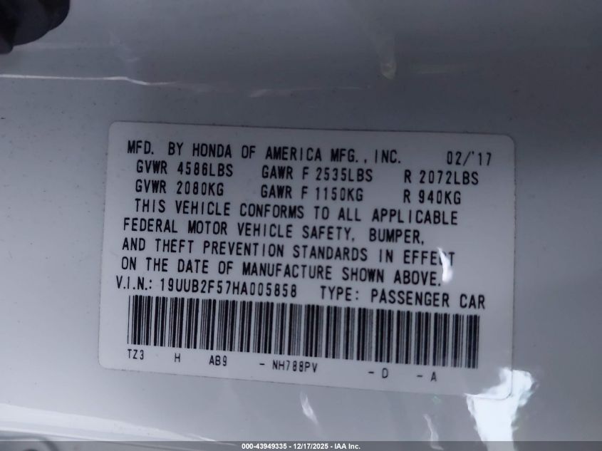 2017 Acura Tlx Technology Package VIN: 19UUB2F57HA005858 Lot: 43949335