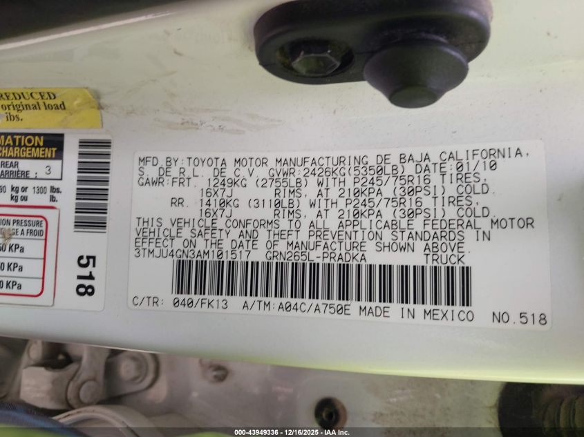 2010 Toyota Tacoma Prerunner V6 VIN: 3TMJU4GN3AM101517 Lot: 43949336