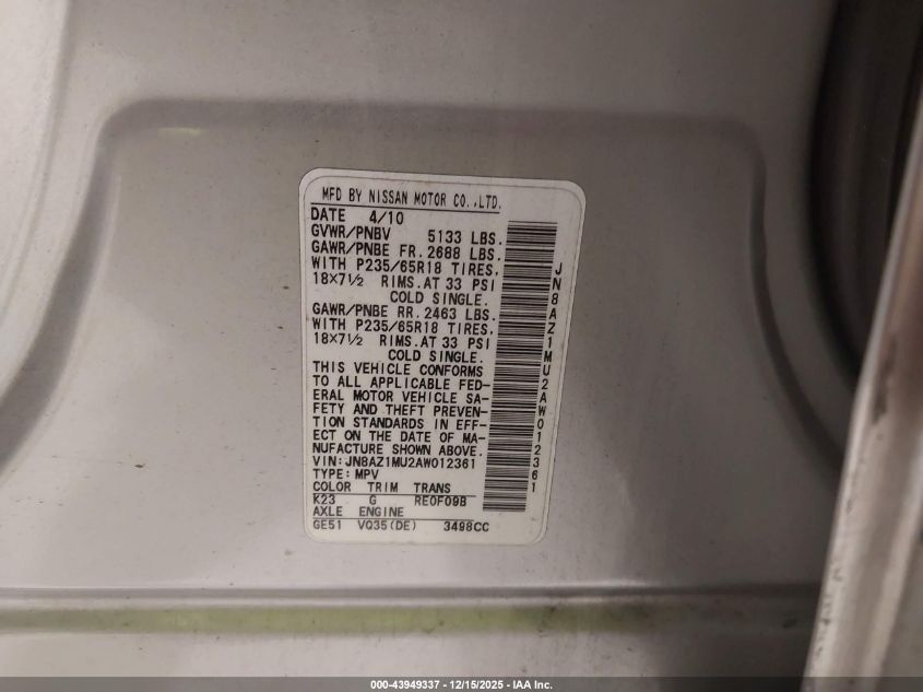 2010 Nissan Murano S VIN: JN8AZ1MU2AW012361 Lot: 43949337