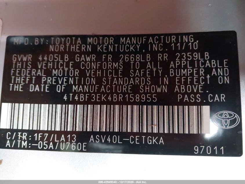 2011 Toyota Camry Xle VIN: 4T4BF3EK4BR158955 Lot: 43949340