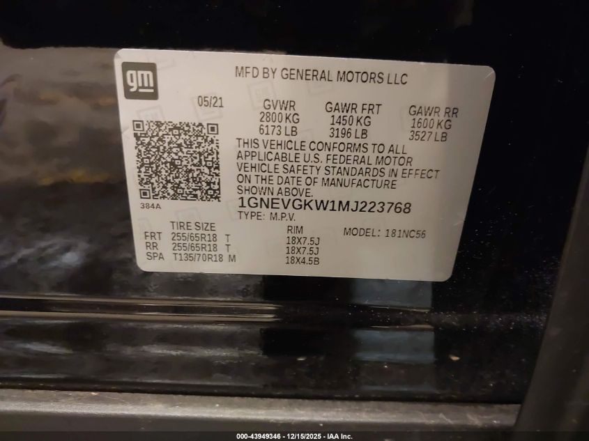 2021 Chevrolet Traverse Awd Lt Cloth VIN: 1GNEVGKW1MJ223768 Lot: 43949346