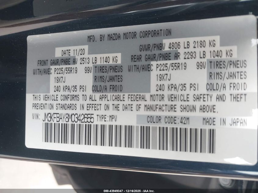 2021 Mazda Cx-5 Grand Touring Reserve VIN: JM3KFBAY8M0342655 Lot: 43949347