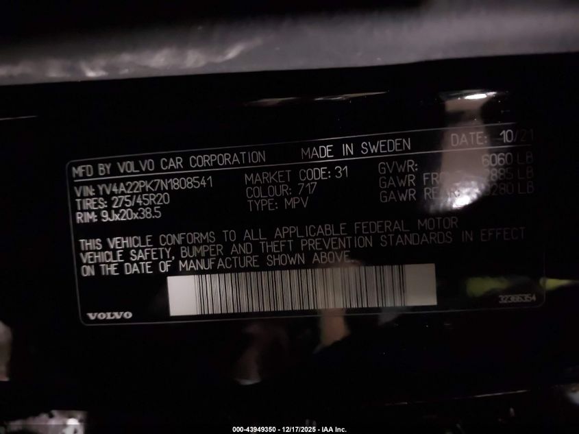 2022 Volvo Xc90 T6 Momentum 7 Passenger VIN: YV4A22PK7N1808541 Lot: 43949350